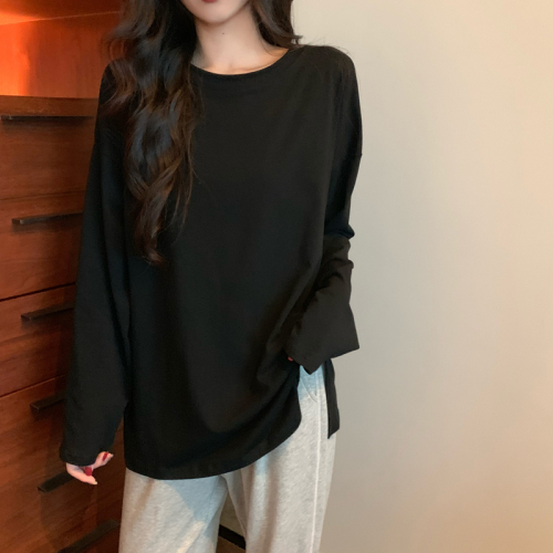 Real shot quality inspection autumn basic versatile long sleeve bottoming shirt loose solid color slit T-shirt for women