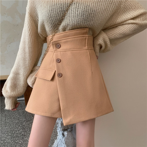 Real shot real price winter design sense irregular woolen shorts temperament high waist A-line skirt pants skirt