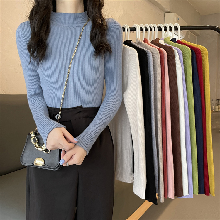 Real price real shooting half high collar bottoming shirt women's long sleeved sweater versatile loose and thin foreign style knitted top