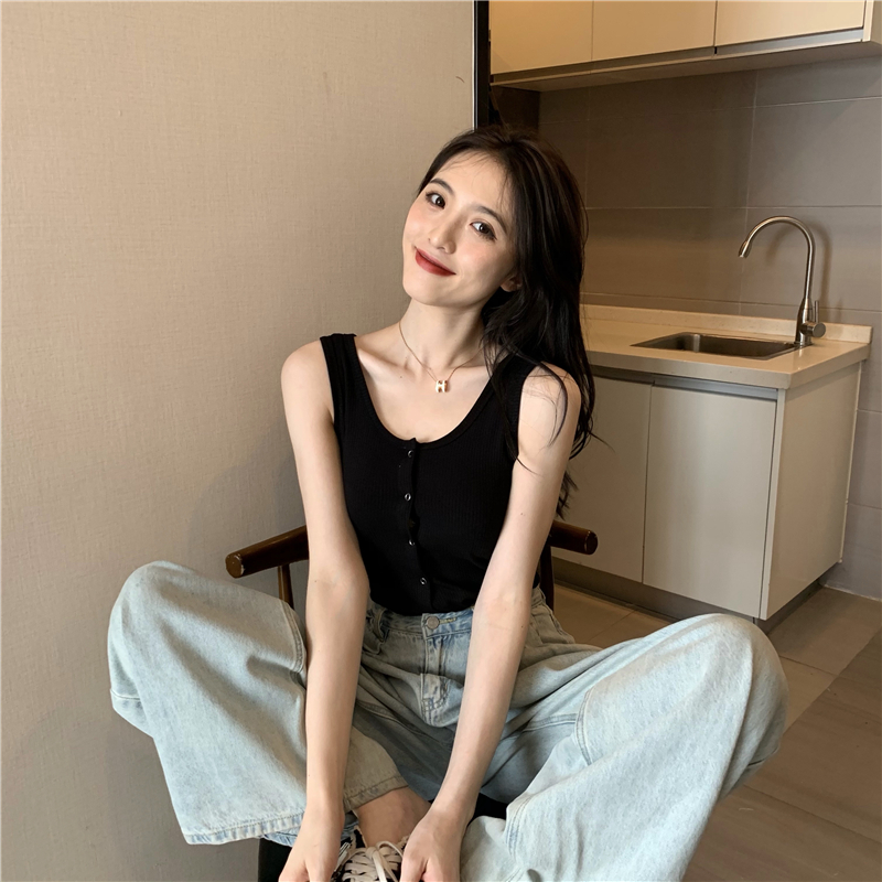 Korean summer solid color U-neck knitted tank top