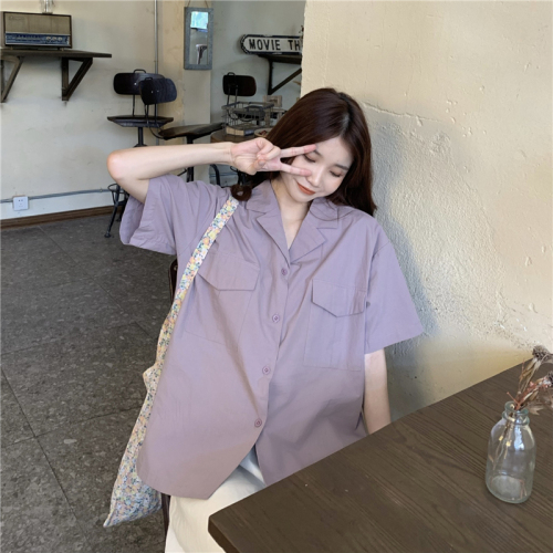 Real shot real price Korean suit small Lapel cotton pocket hem split simple versatile short sleeve shirt