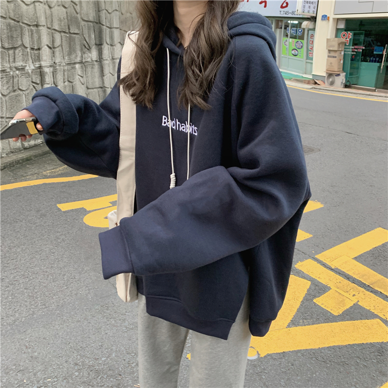 Real price! Fall loose and versatile Hoodie simple embroidered letter Hoodie split and plush sweater