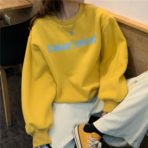 Real price! Korean ins small man loose and versatile letter printed round neck long sleeve Plush sweater