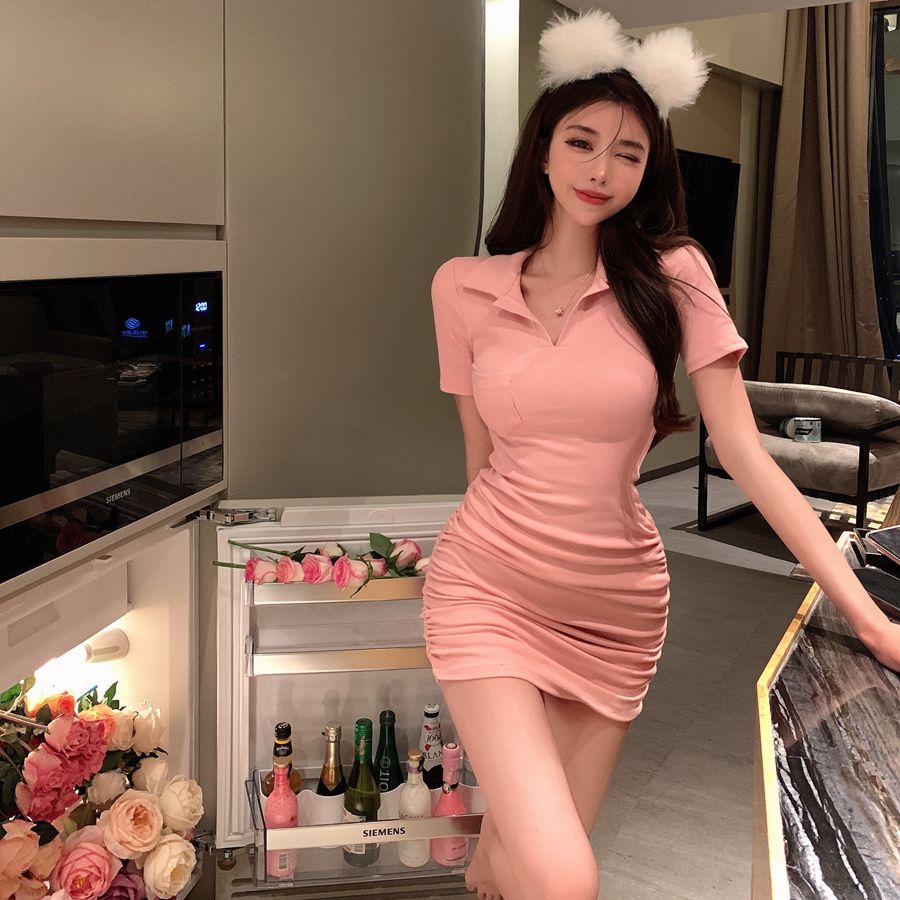Real price Polo neck slim short sleeve buttock dress