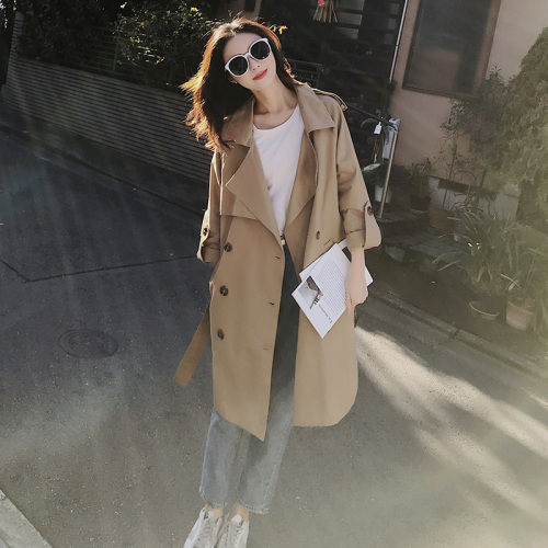  early autumn popular windbreaker women's new Korean version medium and long style versatile Khaki double breasted loose coat