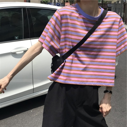2021 new summer Korean loose creative stripe short sleeve T-shirt ins women's top