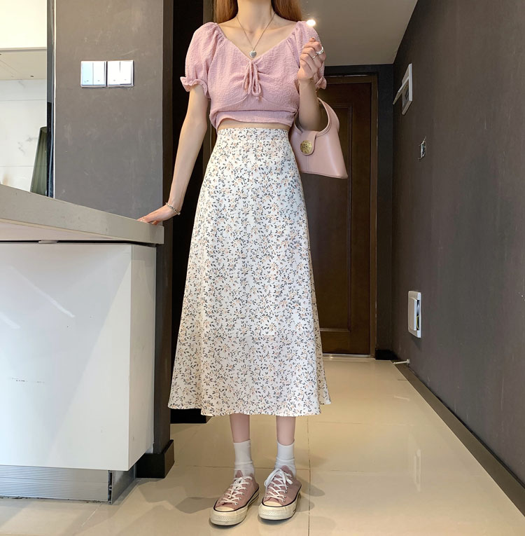 Real price ~ floral skirt women's medium length gentle wind high waist A-line skirt 2021 new versatile long skirt