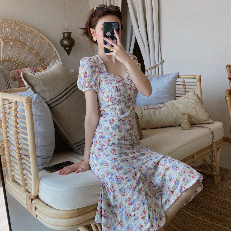 2021 new summer dress French first love Platycodon grandiflorum tea break dress women's niche design sense floral long skirt