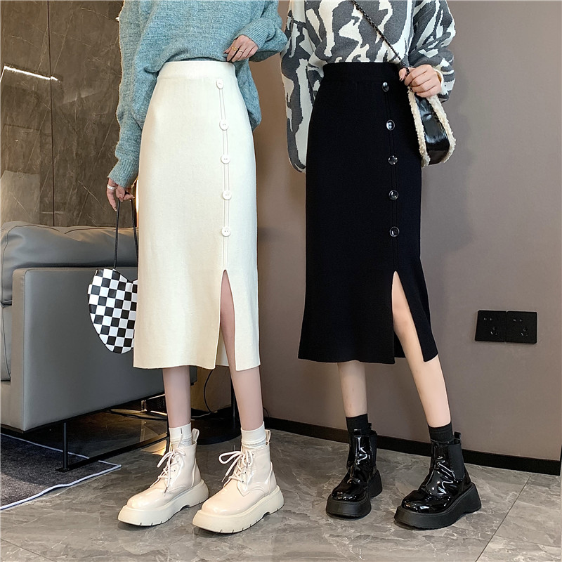 Real shooting real price autumn and winter new knitted split Hip Wrap Skirt women's slim high waist medium length skirt