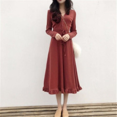 Official figure spring new Korean version slim neck slim fitting long sleeve waist closing first love skirt retro dress women