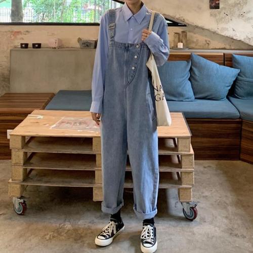 College style BF age reduction retro denim belt pants women's spring loose flanging wide leg pants straight tube one-piece pants fashion