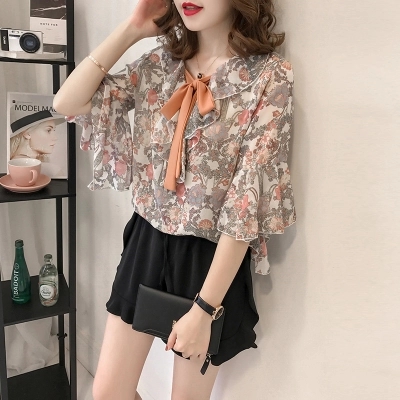 Xiaxin small fresh Floral Chiffon shirt lace bowknot women's 7 / 6 Sleeve Ruffle Top Bottom shirt