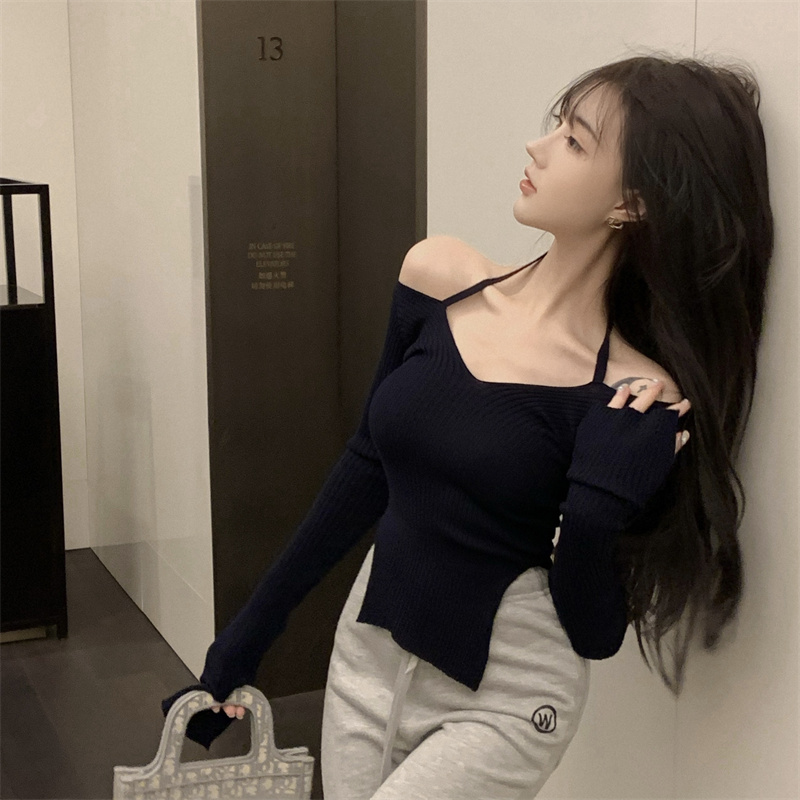 Real shooting, real price, hanging neck tie, lead backing, elastic slim fit, thin sweater, female autumn and winter