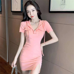 Real shot of Cotton Hooded short sleeve slit buttock dress in Gangfeng Harajuku nightclub