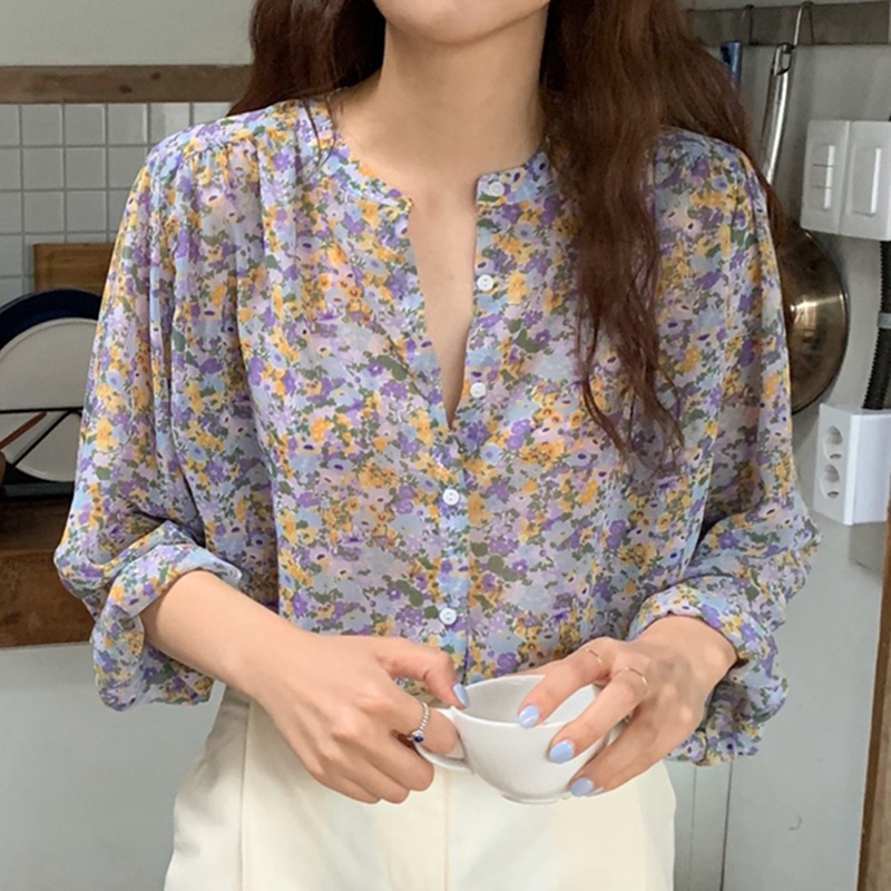 Long sleeve Floral Chiffon shirt women's new spring Korean loose casual single breasted top