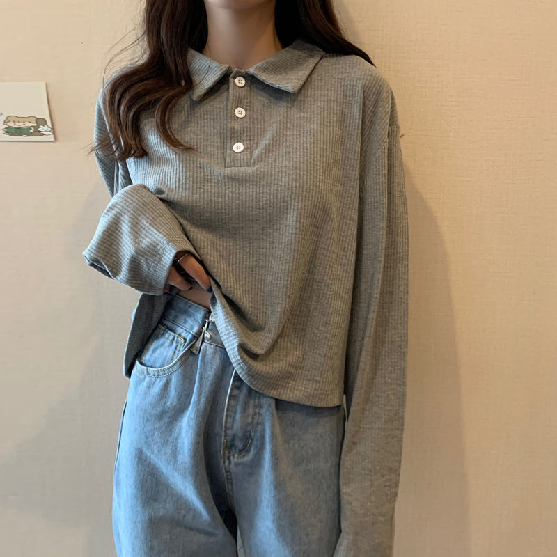 Autumn new Polo neck loose short long sleeve top women's Korean version versatile bottoming T-shirt women's ins