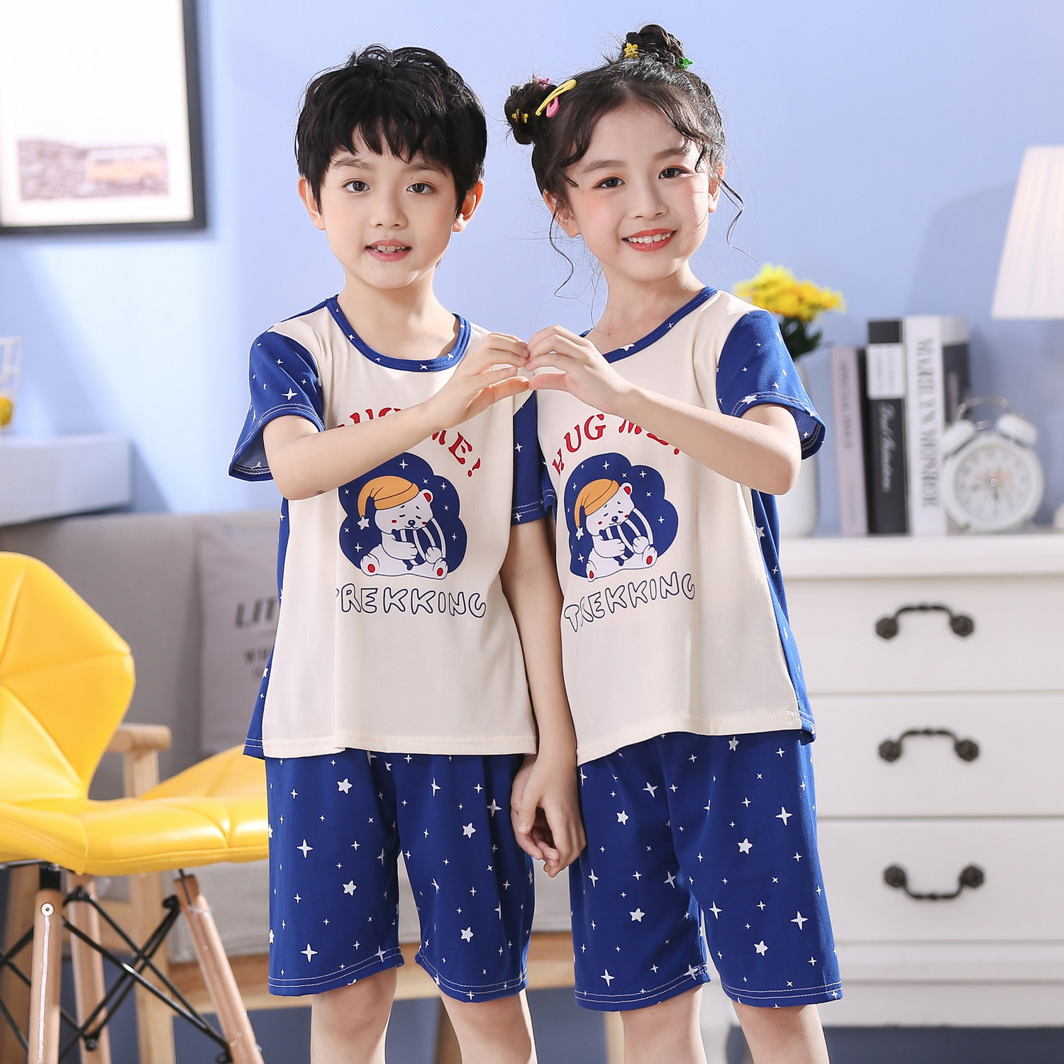 Girls, children, pajamas, summer boys, children, short sleeves, thin suit, big boy piggy Paige pajamas home furnishing.
