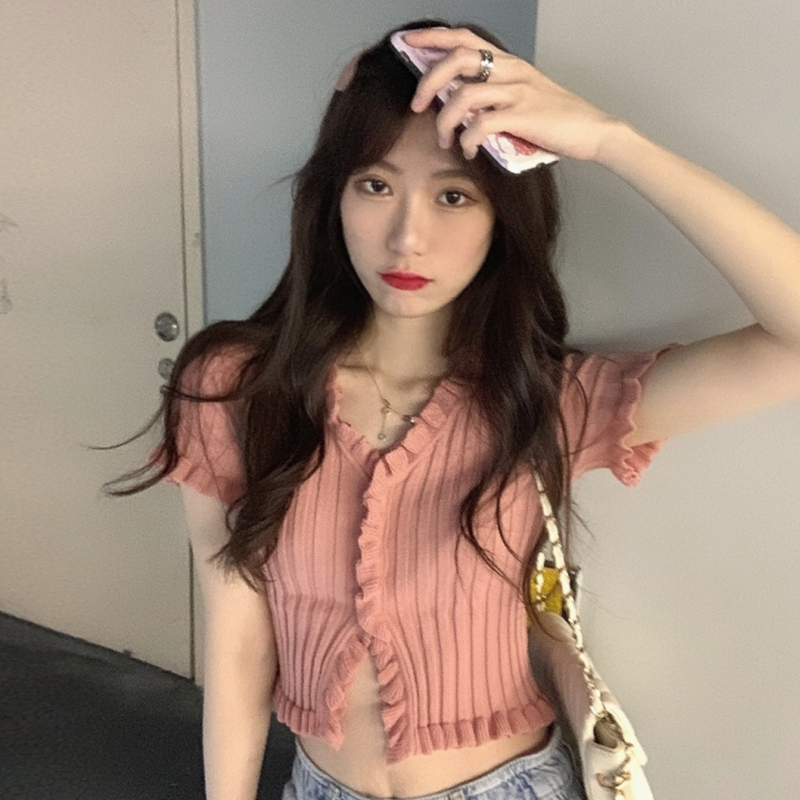 Short hot girls dress up women's 2021 new summer fungus edge net red high waist navel exposed V-neck short sleeve T-shirt