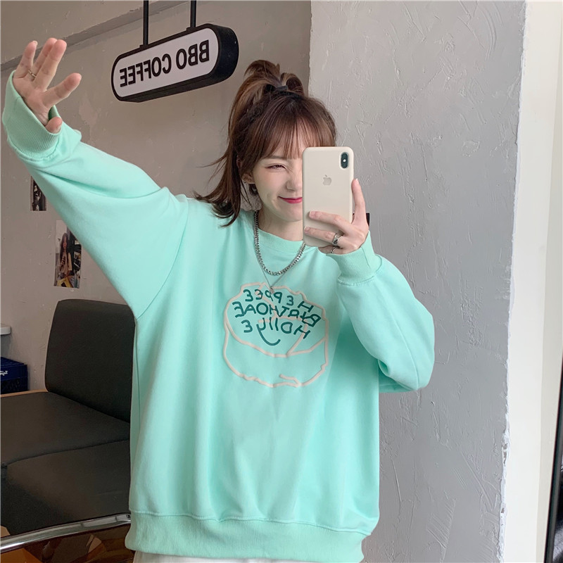 Mint Green Wei Chunqiu thin Korean print loose Pullover round neck loose top