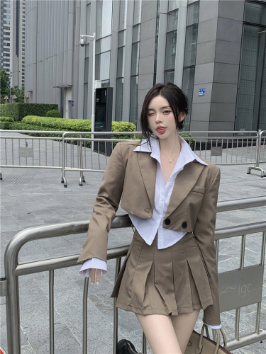 Real price cuff pleated shirt women's blouse Khaki suit Vintage Coat pleated skirt