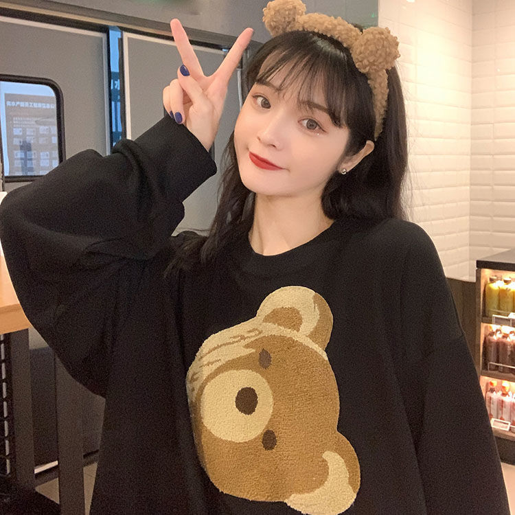 Autumn and winter Korean 2021 new loose medium and long cute bear print large popular long sleeve sweater women's top