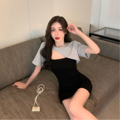 Dress women's irregular European and American hot girl short sleeve shawl Hip Wrap short skirt two piece summer sexy suspender skirt