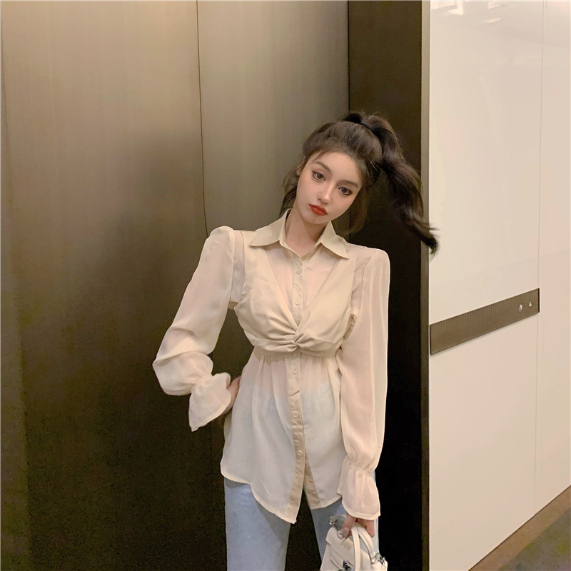 Real price real shot Korean version long sleeve thin sunscreen shirt women's medium and long top + two-piece set of bra sling