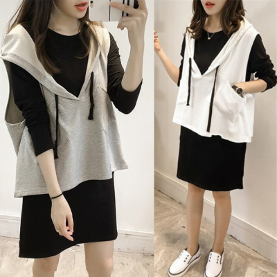 Spring and autumn new mid long long long sleeved T-Shirt Top Fashion vest suit women's leisure two-piece set