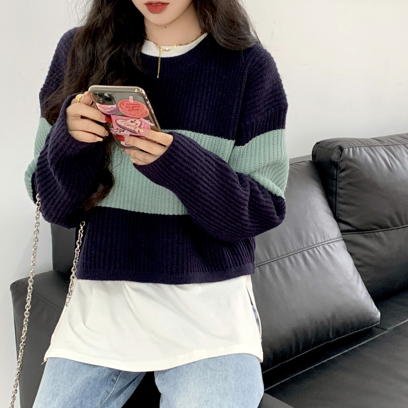 Real shot autumn and winter net red stripe color contrast Short Knitwear Long Sleeve Sweater Top