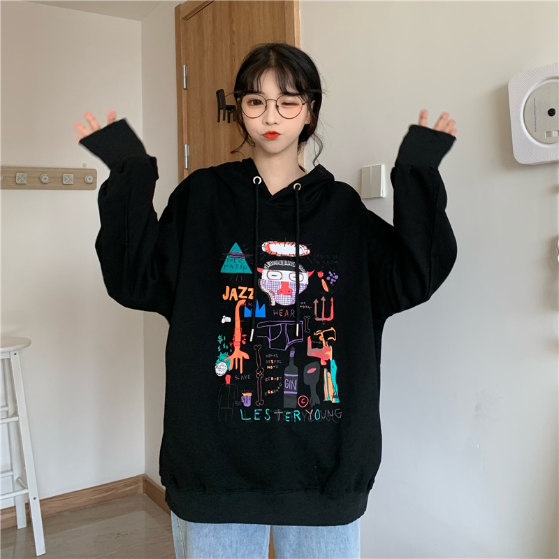 Real shooting fish scale long sleeve sweater women's autumn winter new hooded cartoon print loose large size top
