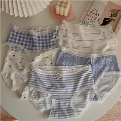 Real shot real price Korean girl star blue Japanese lace bow check cotton middle waist student's briefs