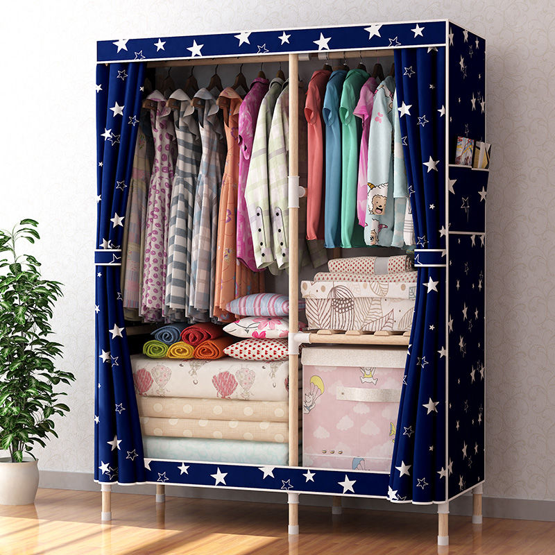 Simple wardrobe solid wood rental dormitory single Oxford cloth storage rack wardrobe double cloth cabinet thickening reinforcement