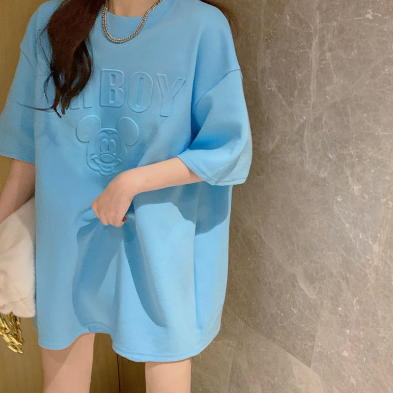 6535 cotton embossed Mickey short sleeve T-shirt women's autumn winter 2021 new loose Korean half sleeve top