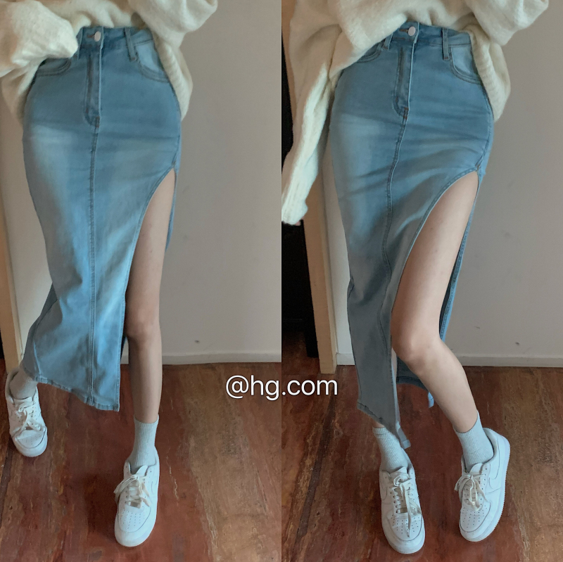 Real price split buttock skirt show thin skirt women's skirt denim skirt one step skirt long skirt