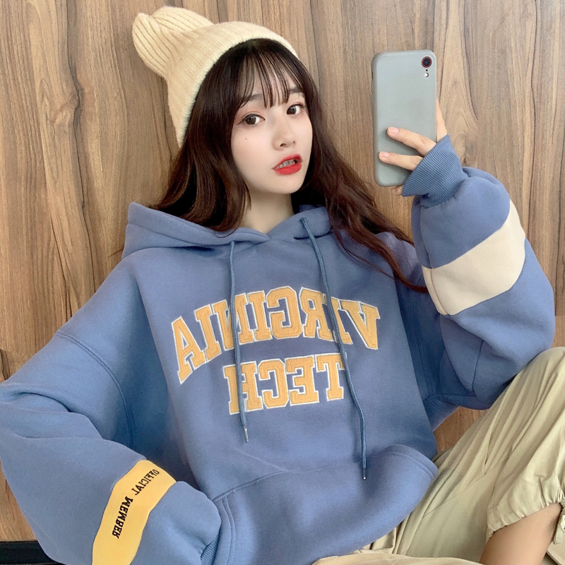 Real price hooded sweater women's Plush thickened loose stitched letter embroidered jacket