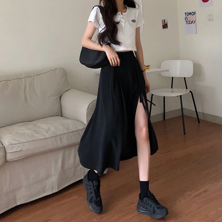 Real shooting real price sweet cool long leg spice girl ~ high waist split elegant skirt a-word medium length skirt