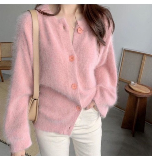 Net red V neckline mink sweater women's top versatile lazy wind loose pink Mohair knitted cardigan coat