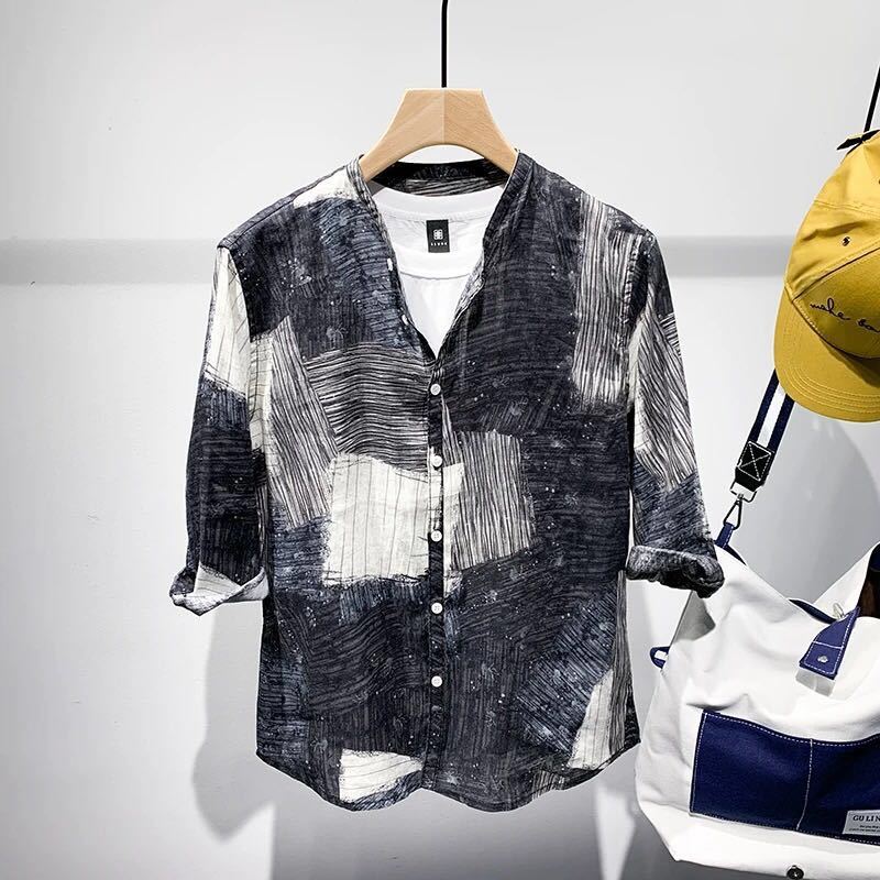 5 / 5 sleeve shirt men's summer new ins top loose high-end drop shoulder check inch shirt fashion