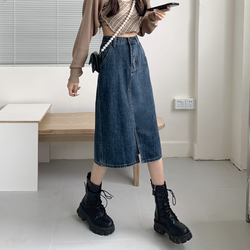 Real price denim skirt women's medium length Retro High Waist slim a-word 2021 new slim skirt