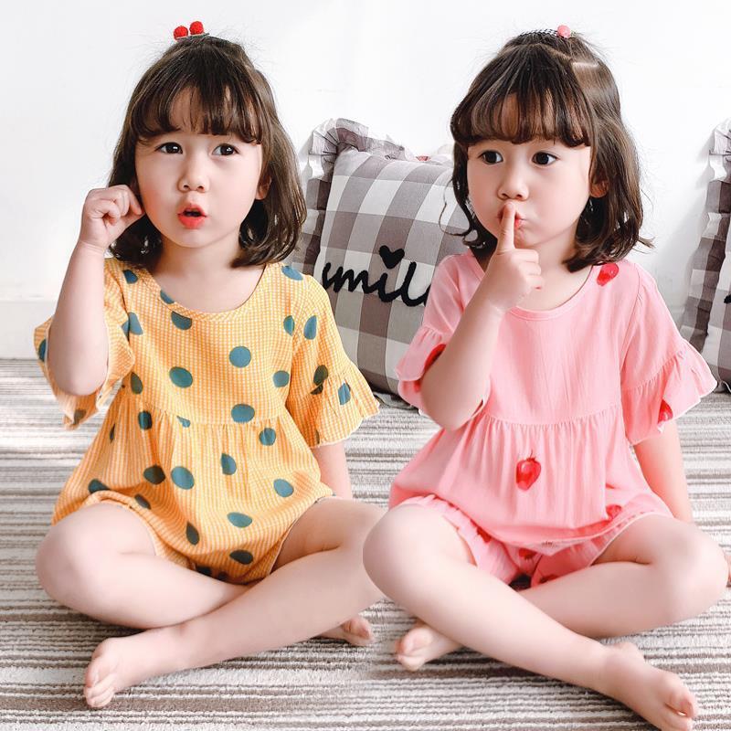 Summer cotton silk children's and girls' pajamas short sleeve Princess middle school children's and big children's light cotton silk children's and children's home suit