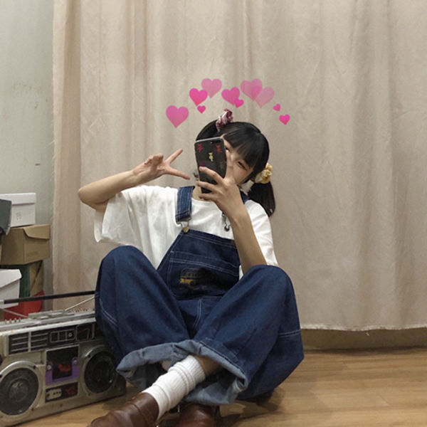 Autumn Korean embroidered ins ancient denim belt pants for girls lovely young loose wide leg one-piece pants students