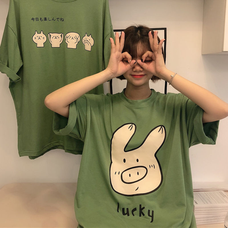 Summer women's dress Korean version loose ins green new short sleeve t-shirt female student Hong Kong Style BF half sleeve top for lovers
