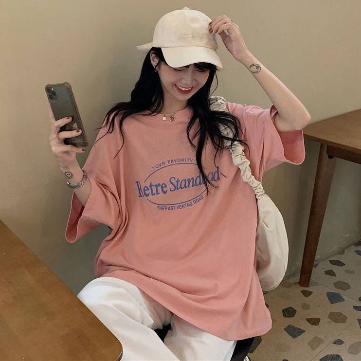 2020 new summer American Retro Mid long BF loose large mesh red cotton short sleeve T-shirt blouse