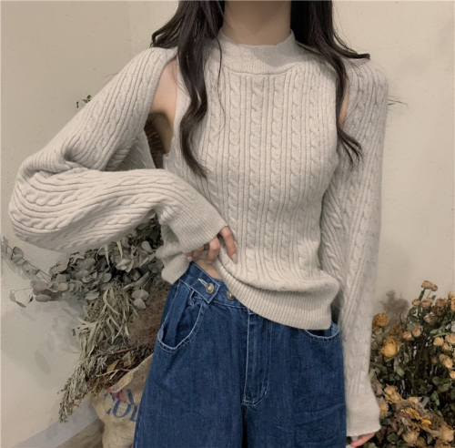 Real price autumn loose long sleeve knitted cardigan Top + knitted vest sling two-piece set