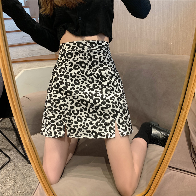 Real shot Korean design, high waist, slim fit, fork, versatile Hip Wrap Skirt, leopard short skirt, A-shaped skirt