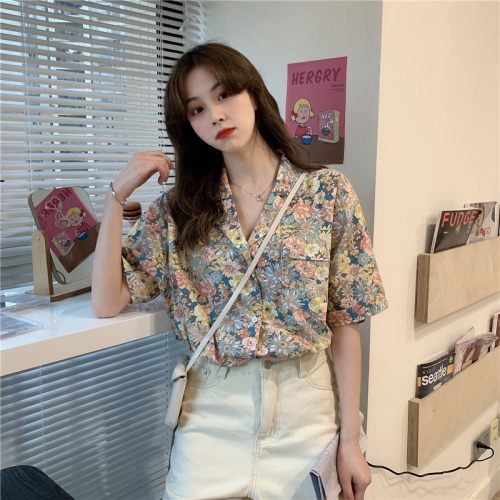 Summer floral suit Collar Chiffon shirt loose French Minority Student Short Sleeve Chiffon shirt blouse