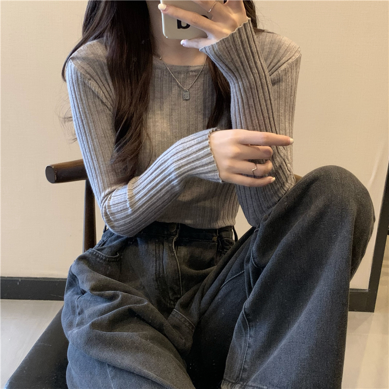 Real price autumn round neck solid color slim knit bottomed top