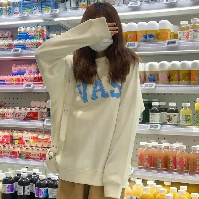 6535 cotton sweater autumn new versatile Korean loose letter printing Hong Kong Style Round Neck Street Long Sleeve Blouse women