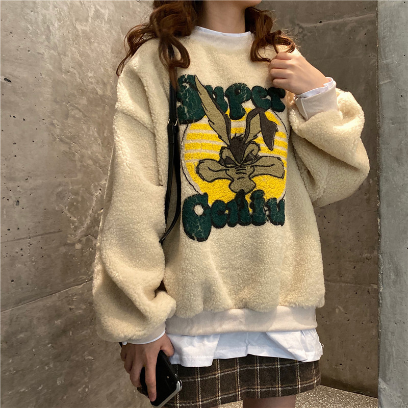 Real photo, real price, autumn and winter, new Korean cartoon sweater, women's loose fit, lamb hair, plush and thickened
