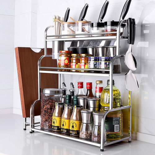Thickened stainless steel floor multi-layer seasoning shelf knife holder multi-functional kitchen storage rack